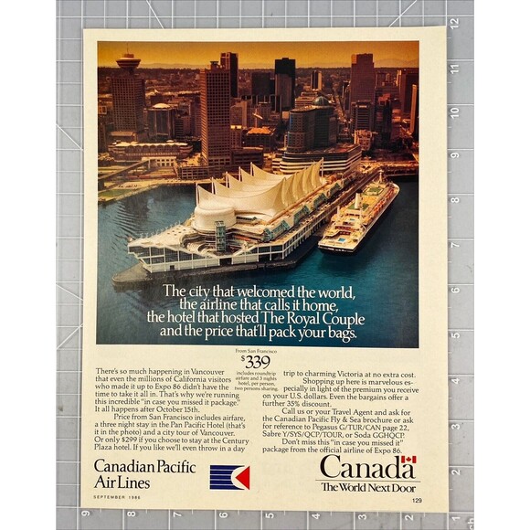 Canadian Pacific Air Lines Picture Vancouve Shore and Cityline VTG Print Ad 1986 - Picture 2 of 5